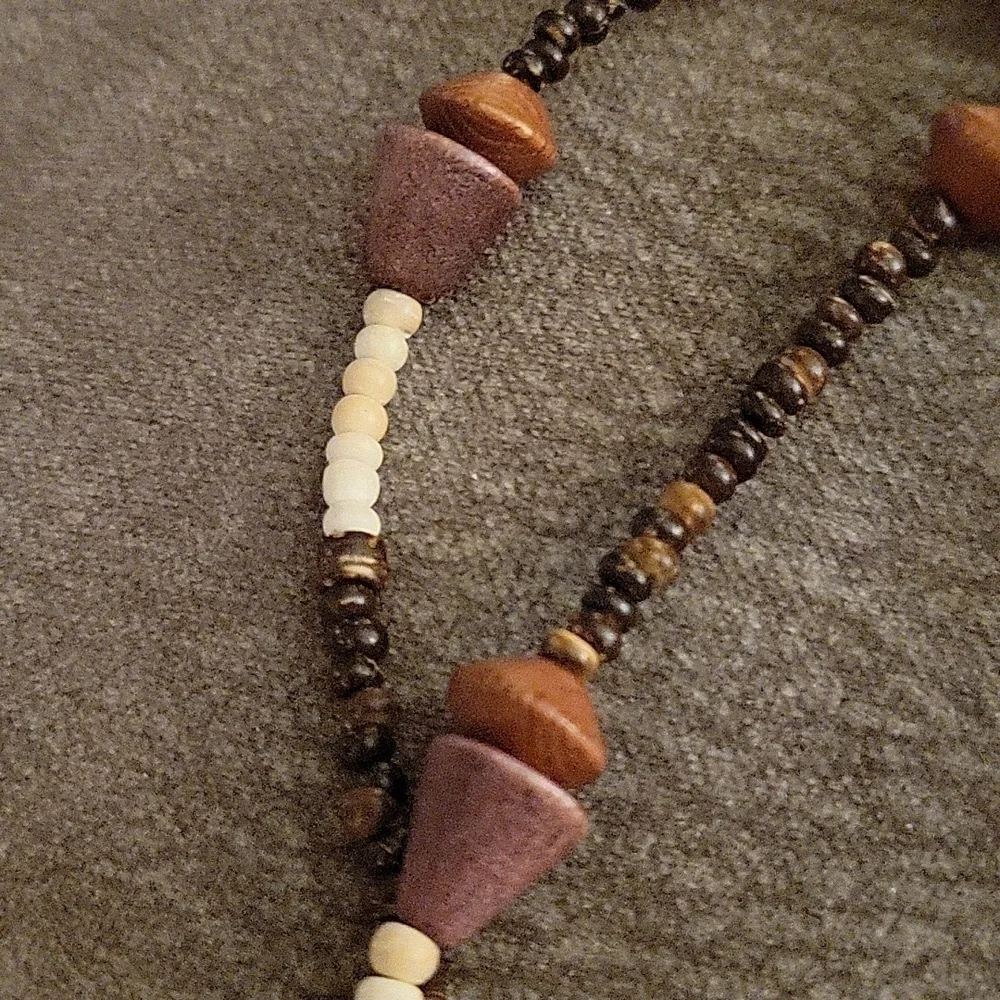 Vtg Long Wood Carved Ethnic Pendant Horn Beaded Lavalier Hippie Necklace